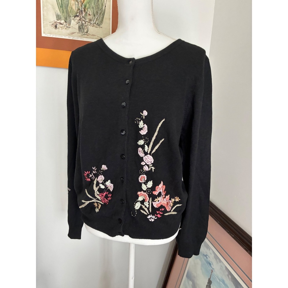 Worthington Cardigan Women Small Black Floral Crane Embroidered Sweater